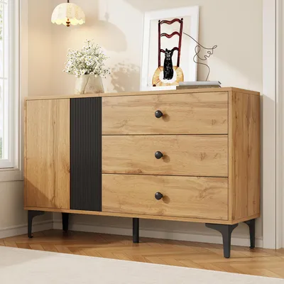 Produktbild von Merax Sideboard Anrichte mit Tür und 3 Schubladen, Modernes Stauraum Buffet mit Holzmaserung und vertikalen Streifen, Natur + Schwarz