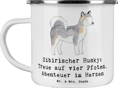 Produktbild von Mr. & Mrs. Panda Teetasse Sibirischer Husky - Weiß - Geschenk, Hunderassen, Abenteuerlust, Schlittenhund, aktiv, Hunderasse, Beschreibung, Emaille Tasse, Loyalität, Pott
