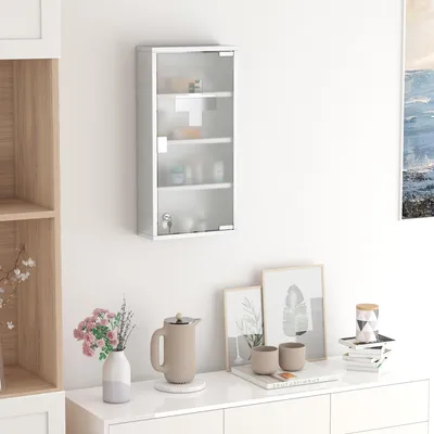 Produktbild von Medizinschrank Edelstahl abschließbar, Arzneischrank Tip-On Glastür, Apothekerschrank Silber | 30x12x60 cm | 4 Fächer | 2 Schlüssel