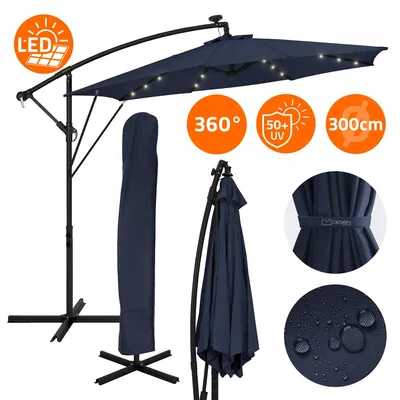 Produktbild von ML-Design Ampelschirm Ø300cm mit LED Solar Navy Blau Alu Sonnenschirm mit Kurbel Abdeckung & Ständer Sonnenschutz & wasserabweisend drehbar & neigbar