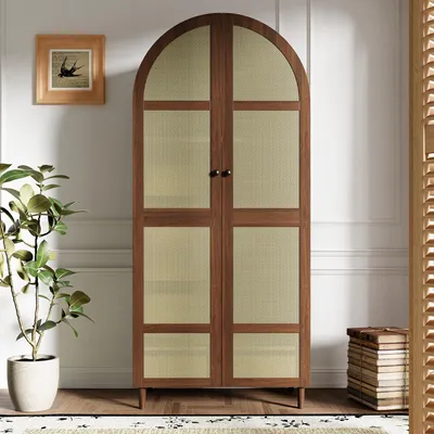 Produktbild von Flieks Kleiderschrank mit Kleiderstange und Schubladen, Flurgarderobe mit gebogenen Türen, Großzügiger Stauraum, Gaderobenschrank, Walnussfarbe