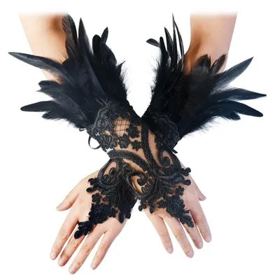 Produktbild von Handschuhe Damen Gothic Feder Spitzen Schwarz 2er Set