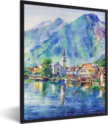 Produktbild von MuchoWow® Gerahmtes Poster Gemälde - Ölfarbe - Haus - Berge - Wasser 30x40 cm - Poster mit Schwarzem Bilderrahmen Wandposter Rahmen Foto Bilder - Wanddeko - Kunstdrucke
