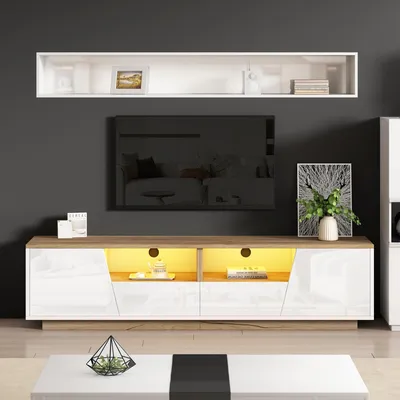 Immagine prodotto di Mobile TV da 180 cm per televisori da 75 pollici, mobile TV con illuminazione LED controllata tramite app, bianco con finitura effetto legno, 2 cassetti e 2 ante