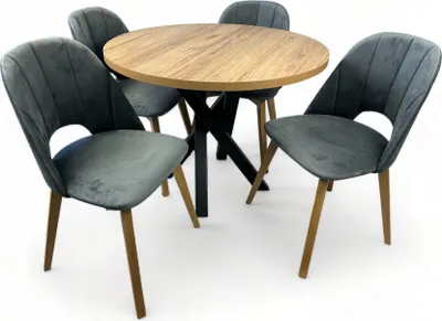 Produktbild von Runder Tisch Metallbeine Schwarz Eiche hell Egger Ø100+40 + 4 Stühle MAYA2
