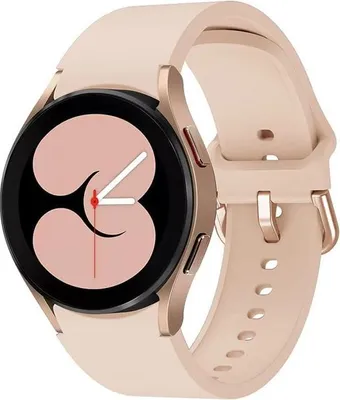 A close-up view of a pink and gold smartwatch with a pink watch face.