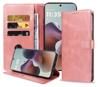Image de Convient à l'étui de téléphone Motorola Moto G56 Faux cuir avec lèvre magnétique et porte-cartes Étui de livre avec rabat - Étui de portefeuille avec porte-cartes - Or rose - Smartphonica