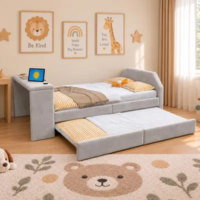Immagine prodotto di Letto a castello Merax per bambini, 90x200 cm, con scrivania, divano letto con porta USB e letto estraibile, letto imbottito in velluto, letto per ospiti in MDF, colore grigio