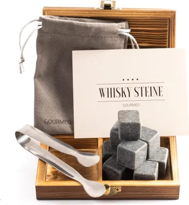 Produktbild von GOURMEO 9 Whisky Steine im Set aus Basalt mit Einer Edelstahl Zange - Eiswürfel Steine, Whiskysteine wiederverwendbar - Whiskey Geschenke für Männer
