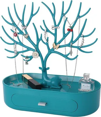 Produktbild von Unyqoos® Schmuckständer im Geweih-Design mit Schubladen – 3‑in‑1 Schmuckorganizer aus Kunststoff für Mädchen, Ohrringe Ringe Ketten, Blau, 20 cm