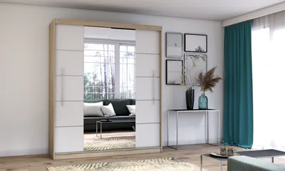 Produktbild von Schwebetürenschrank Kleiderschrank Schrank 204cm SONOMA/WEISS mit zwei Spiegeln und Zierleisten Torino