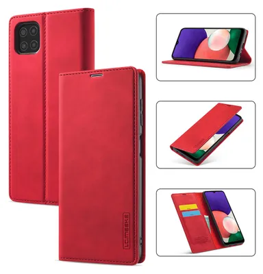 Obrázek produktu pro Galaxy A22 5G Kožené pouzdro s funkcí stojánku a držákem karet, peněženkový design pouzdro pro Samsung Galaxy A22 5G červené