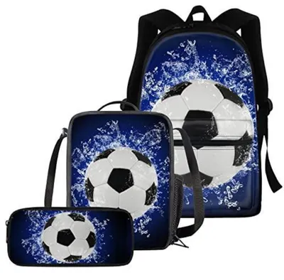 Produktbild von 3-in-1 Schultaschen-Set mit Rucksack, Federmäppchen und Lunchbox für Jungen und Mädchen, Fußball-Design, Blau