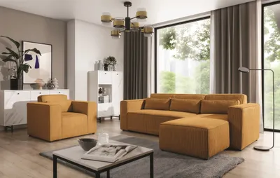 Produktbild von Ecksofa Schlafsofa inkl. Sessel WALDO Stoff Poso Senfgelb Ottomane Rechts