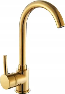 A gold kitchen faucet is shown against a white background.