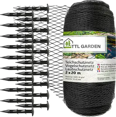 Produktbild von TTL GARDEN Teichnetz 2x20m schwarz 30g/m² Vogelschutznetz HDPE engmaschig reißfest mit Bodenanker