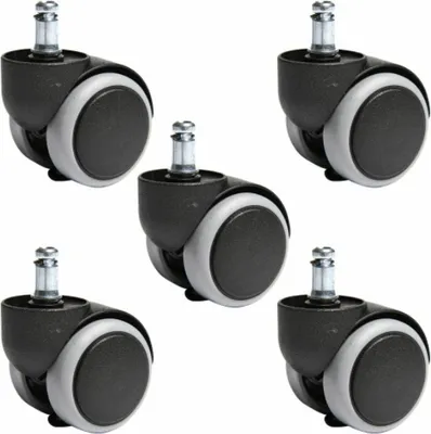 A set of five office chair casters against a white background.