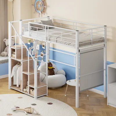 Produktbild von MODFU Etagenbett Kinderbett 90x200cm mit Lattenrost, Hochbett mit Rausfallschutz, Metallbett Stockbett mit Stauraum Treppe, Jugendbett Bettgestell, Weiß