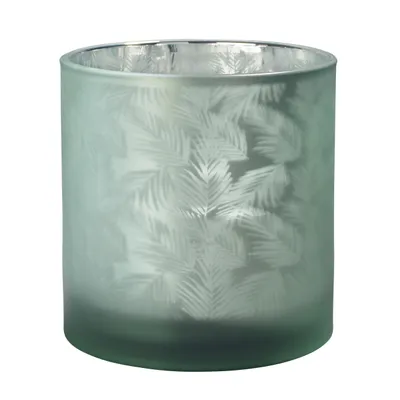 Produktbild von Vase Übertopf aus Glas grün silber mit Blattmuster 24,5cm, Innen silberbedampft mit Farnmuster – Boho-Teelichthalter, Kerzenglas & Übertopf Pflanzen