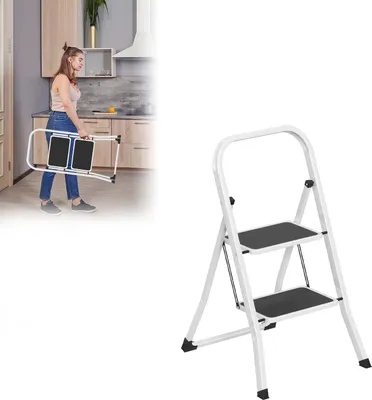 Image de ACXIN Escabeau pliable 2 marches - Escabeau de ménage en acier, marchepieds antidérapants, verrouillage de sécurité, charge admissible 150 kg, escabeau pliable pour cuisine, atelier, bureau, blanc-noir