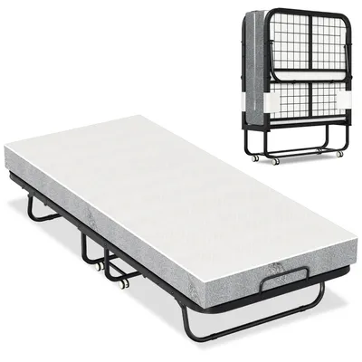 Zdjęcie produktu dla Łóżko jednoosobowe składane Peviasot, 90x200 cm, z materacem, 4 kołami z możliwością zablokowania i solidną metalową konstrukcją