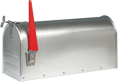 A silver mailbox with a red flag is shown against a white background.