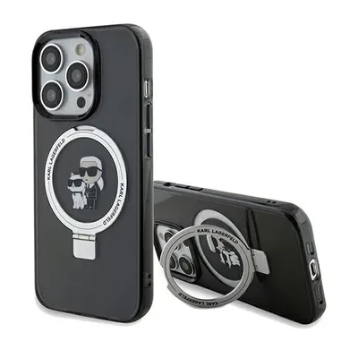 A black iPhone case with a Karl Lagerfeld design and a ring stand, shown from two angles.