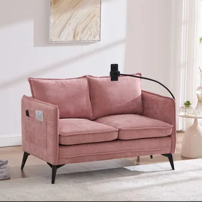 Image de Canapé 2 places AIORBER avec support pour téléphone portable et poches latérales, petit canapé en tissu chenille, canapé deux places moderne pour salon, chambre à coucher ou balcon, rose