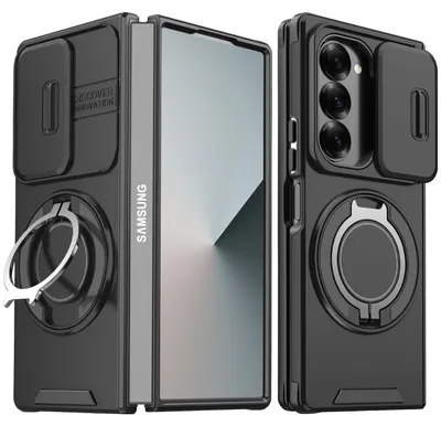 Produktbild von Handyhülle für Samsung Galaxy Z Fold6 Dual-Layer Stoßfest Militär Hülle mit Dia Kameraschutz, Magnetisch Ring Ständer Schwarz