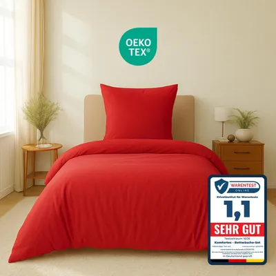 Produktbild von Komfortec Premium Bettwäsche 135x200 cm Bettbezug + 80x80 cm Kissenbezug, gebürstet 100% Polyester-Mikrofaser 120 g/m², 2teiliges Superweiches Bettwäsche-Set, Rot
