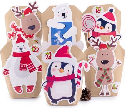 A collection of brown paper bags decorated with cartoon Christmas characters, likely for an advent calendar.