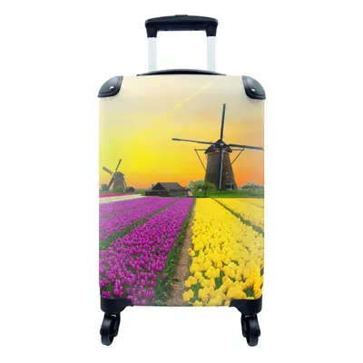 Produktbild von MuchoWow® Koffer Handgepäck Trolley Rollkoffer Kleine Reisekoffer mit 4 Rollen - Windmühle - Tulpen - Blumen - Frühling - Cabin Size < 55x40x23 cm & 55x40x20 cm - Fotokoffer - Kabinenkoffer - Boardgepäck - Reise-Box - Reisekoffer - Reisegepäck - Koffer mit Bild - Trolley für Kinder