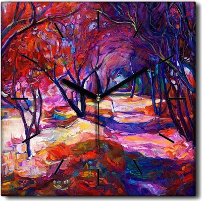 Produktbild von Coloray Uhr auf Leinwand 30x30 cm Wand Uhr Dekoration Wohnzimmer Segeltuch schwarze Hände -Landschaft. Straße im Wald