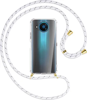 Produktbild von Handykette Backcover-Schutzhülle mit Band (Metall goldfarben) für Nokia 8.3 5G - weiß/grau