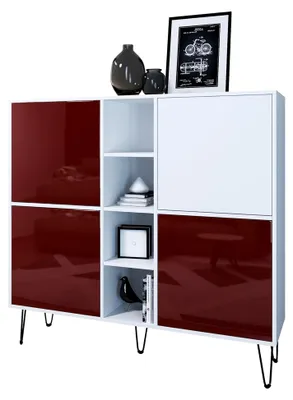 Produktbild von Highboard Havana V3, Kommode mit 4 Türen und 4 offenen Fächern, Germany, Weiß matt/Bordeaux Hochglanz (130,5 x 124 x 35 cm)