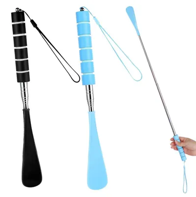 Obrázek produktu pro Teleskopické pomůcky na obouvání, 2 kusy, nerezová ocel, výsuvné, délka 21-71 cm, s pěnovou rukojetí, modrá/černá