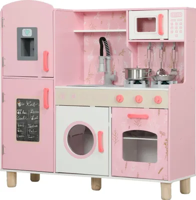 Image de Cuisine pour enfants à partir de 3 ans - Cuisine en bois MDF - Cuisinière & four, Robinet & évier, Micro-ondes & machine à laver, Distributeur de glaçons, Accessoires, sans piles - Rose