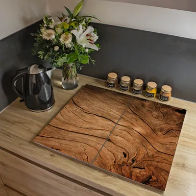 Produktbild von banjado Glas Herdabdeckplatten 2x 30x52cm Glaskeramikkochfeld-Abdeckung Trockenes Holz Spritzschutz Schneidebrett [HAP2 10787]