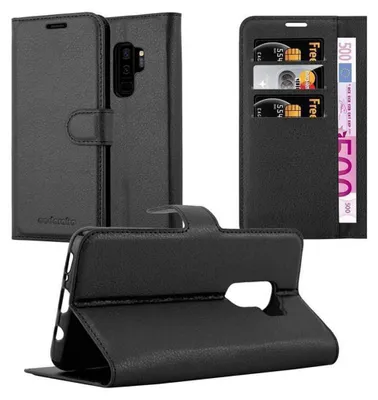 A black leather flip case for a Samsung Galaxy S9 Plus phone, shown in multiple views including open and closed.