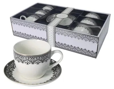 Kaffeekopjes-Set 12-teilig, 6 Tassen 250 ml, Porzellan, Sierstreifen