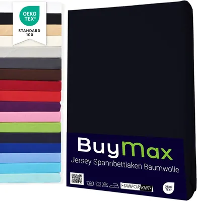 Produktbild von Buymax Topper Spannbettlaken Jersey Spannbetttuch 100% Baumwolle Bettlaken bis 12 cm Matratzenhöhe, 200x200 cm, Schwarz