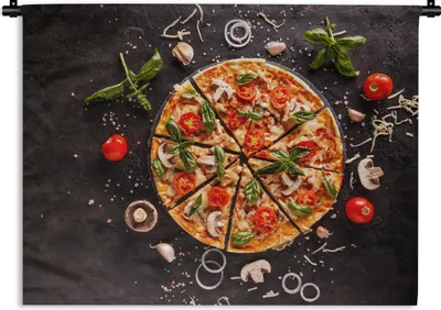 Produktbild von MuchoWow® Wandteppich Wandbehang Pizza - Gemüse - Kräuter - Küche - Industrie 150x112.50 cm Tapisserie Dekoration Wandtuch - Wanddecke - Wandteppiche