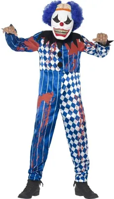 A child wearing a scary clown costume.