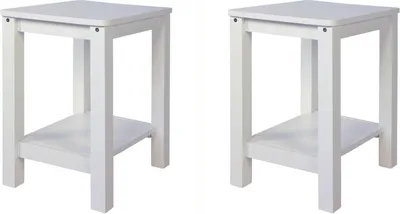 Two identical white wooden side tables with a shelf.