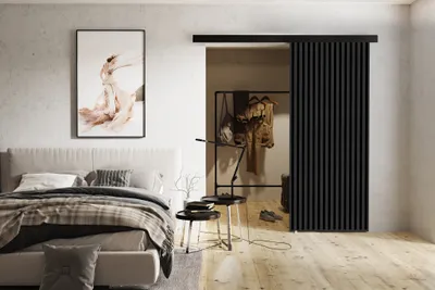 Produktbild von Schwebetür 90 cm Belor - Schiebetür mit Lamellen imitation, Design Zimmertür - Schiebetürsystem (Graphit)