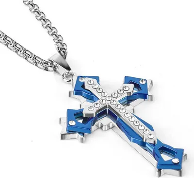 Image de Pendentif Croix Collier Hommes Zirconium Acier Inoxydable 60CM Or/Noir/Bleu