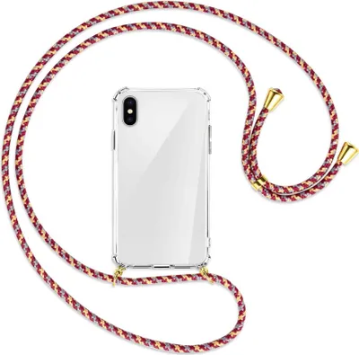 Produktbild von Handykette Backcover-Schutzhülle mit Band (Metall goldfarben) für Apple iPhone X / XS / 10 - weinrot/gelb/grau