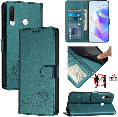 Collage of images showing a green flip phone case with a cat design, a phone inside the case, and details of the case's features.