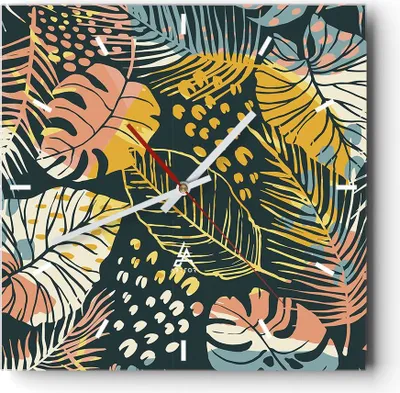 Produktbild von Wanduhr - Quadrat - Glasuhr - Blätter modern bunt - 30x30cm - Schleichendes Uhrwerk - Lautlos - zum Aufhängen bereit - Dekoration Modern - Wanddekoration aus Glas - C3AC30x30-4630