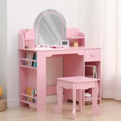 Produktbild von Kinderschminktisch - Frisiertisch mit beleuchtetem Spiegel - Verstellbare LED - Hocker inklusive - Aufbewahrungsschublade - Holz - Weiß